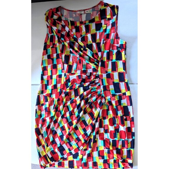 Cato Woman Dress Red Black Yellow Faux Wrap Knee Length Ruched Knit Stretch 16W - Picture 3 of 11